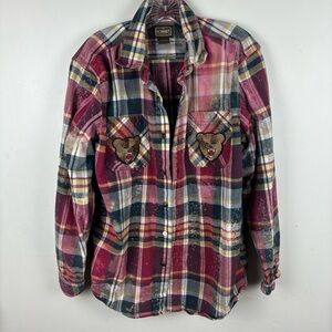 Hand-made recycled flannel with bleach treatment & bear patches-M/L
